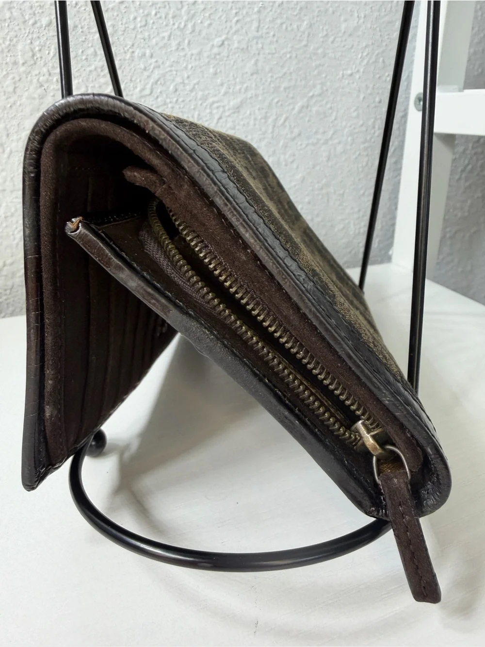 Fendi Brown Zucca Canvas Trifold Wallet w/ Suede Interior